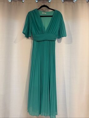 Alice + Olivia Teal Pleated V-Neck Maxi with Flutter Sleeves